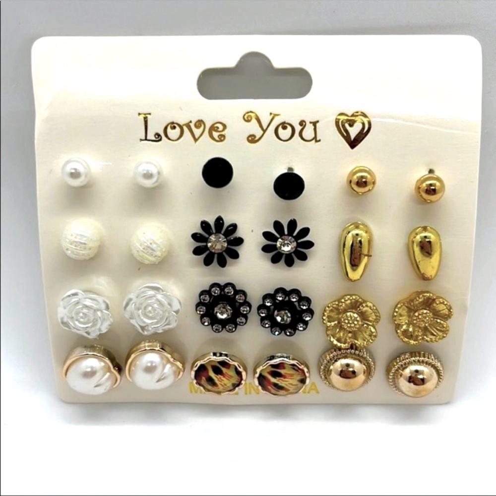 🛍️ 12 pack earrings, gold, black, pearl - Picture 1 of 1